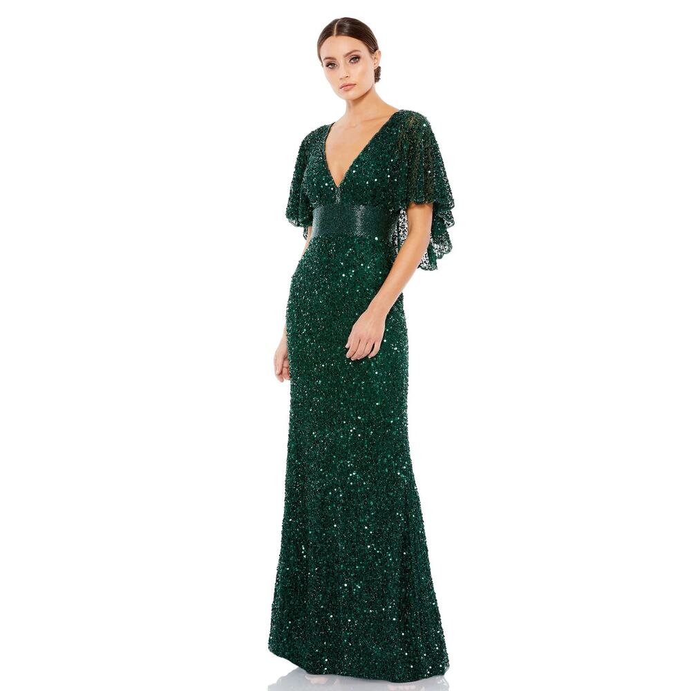 MAC DUGGAL 4808 Sequined V Neck Cape Sleeve Beaded Waist Gown Forest Green 6 NEW